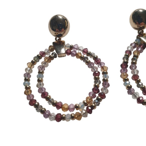 Beaded Hoop Earrings Gold Tone Vintage Earrings Womens Jewelry Costume Purple - Picture 4 of 7